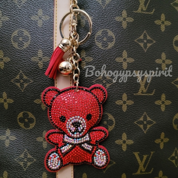 Bling Teddy Bear Crystal Rhinestone Keychain Bag Charm With Red Tassel - Picture 15 of 15